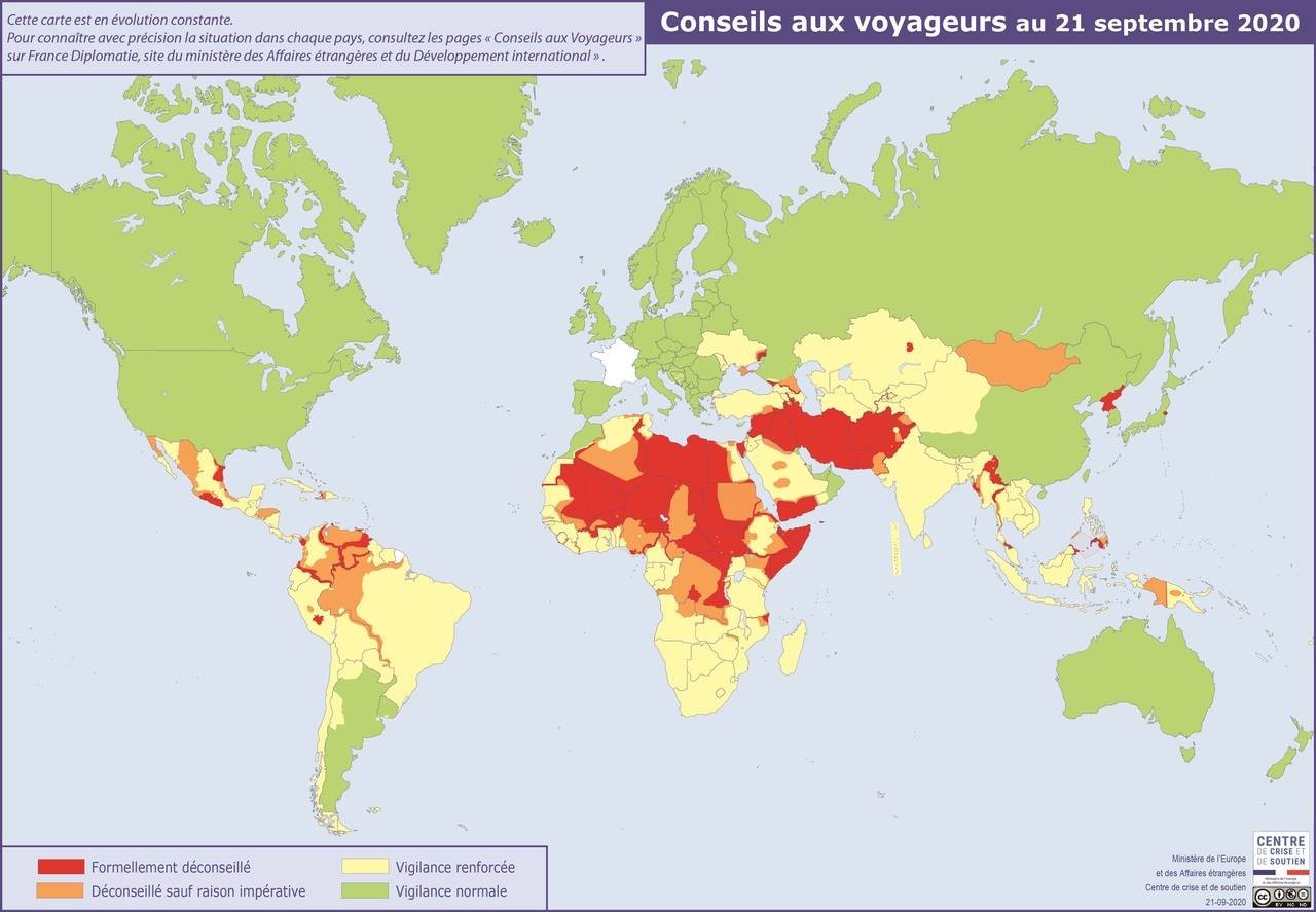 Carte du Monde des zones de vigilance diplomatie readytogo